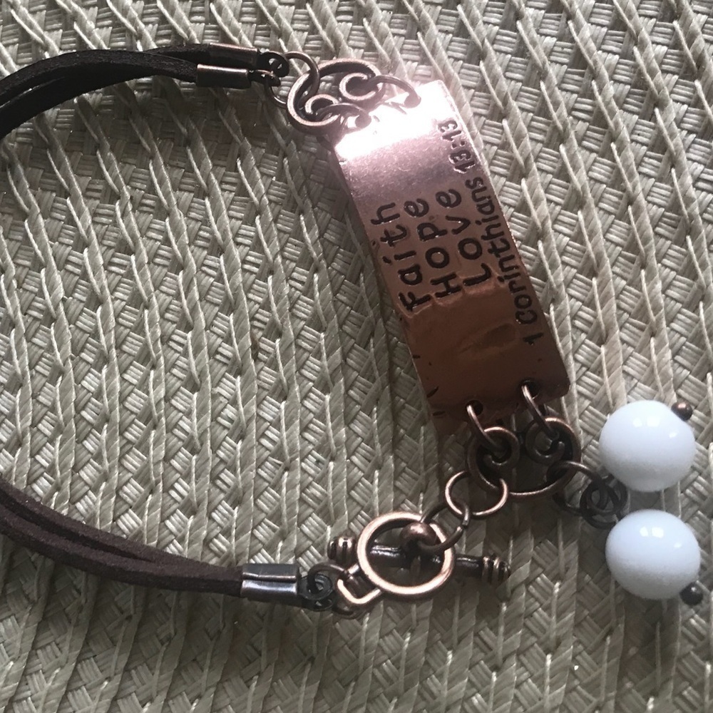 Faith, hope and love rustic leather bracelet